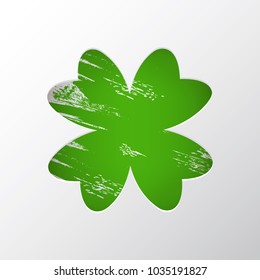 St Patrick's Day Vector background with Clover. Lucky spring symbol. Trendy paper cut style. Cut-out from paper Shamrock shape with green grunge brush stroke. Stock vector.