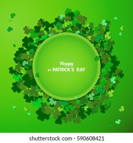 St Patrick's Day Vector background with shamrock. Lucky spring symbol. Clover in green shades isolated on green background and round frame. Border and frame - stock vector