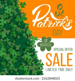 St. patrick's day vector banner with sale text and clover leaves on green, white and orange background.