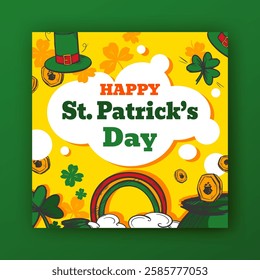 St. Patrick's Day vector banner template.Social media post layout. Cartoon style hand drawn contour elements set. Many bright clover leaves, cute rainbow, pot, golden coins, top hat. Funny art design