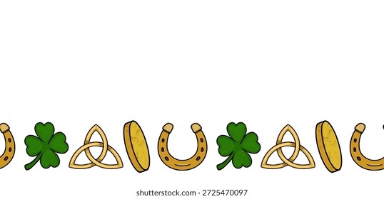 Banner vetorial do Dia de São Patrício com trevos, ferraduras e nós celtas