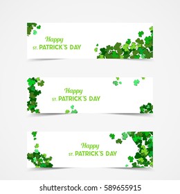 St Patrick's Day Vector banners with shamrock. Lucky spring symbol. Clover in green shades isolated on white background. Border and frame - stock vector