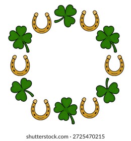 St. Patrick's Day vector border with green shamrocks and golden horseshoes