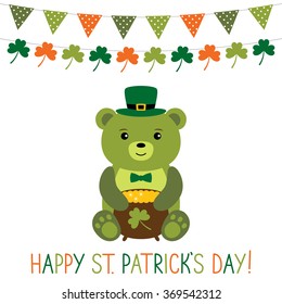 St. Patrick's Day vector card with a cute bear