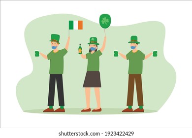 St patrick's day vector concept: Group of teenagers celebrating st patrick's day together while wearing face mask in new normal 