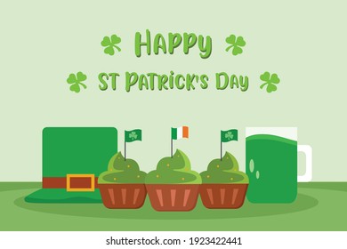 St patrick's day vector concept: Happy st patrick's day text with flag of ireland and beer 