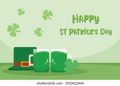 St patrick's day vector concept: Green hat and two glasses of beer with happy st patrick's day text 