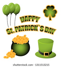 St. Patrick's Day vector decoration. Leprechaun hat. Leprechaun gold. Shamrock. Green balloons.  