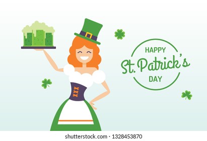 St. Patrick's day vector design template. Cute cartoon waitress girl holding tray with ale mugs.