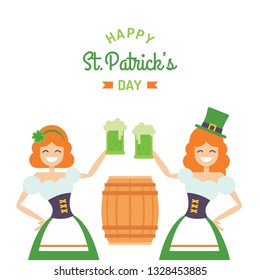 St. Patrick's day vector design template. Cute cartoon irish girls holding ale mugs.