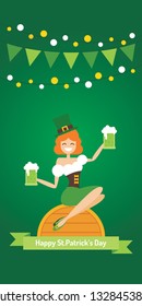 St. Patrick's day vector design template. Cute cartoon irish girl sitting on ale barrel.