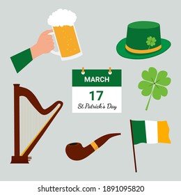 St. Patrick's Day vector design elements set:beer, hat,calendar,harp,Smoking Pipe,flag,clover.