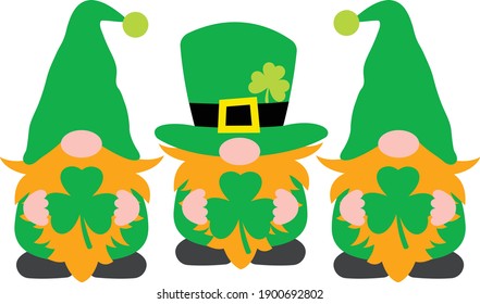 St. Patrick's day vector design, Three gnomes holding shamrocks cut file, St. Patrick's day gnomes, Leprechaun gnome cut file