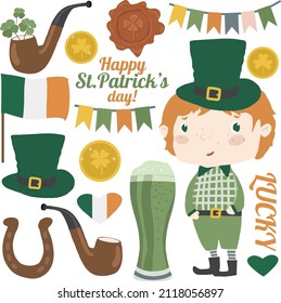 St. Patrick's Day vector design elements set.
Cute leprechaun with green hat, irish flag, green beer, shamrock and horseshoe; hand draw festive illustration