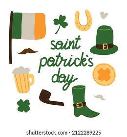 St. Patrick's Day vector design elements set. Flag of Ireland, glass of beer, pipe, quatrefoil, clover, boot, hat, horseshoe, coin, moustache.