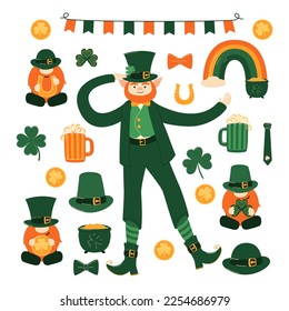 St. Patrick's Day vector design elements set, character leprechaun, gnomes, rainbow