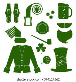 St. Patrick's Day vector design elements set. Happy St. Patrick's Day vector illustration cartoon icon set. Traditional irish symbols in  flat style on  isolated background.
