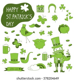 St. Patrick's Day vector design elements set. Patricks day hand-drawn icons on white background.