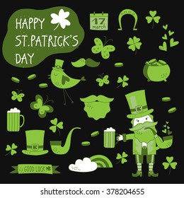 St. Patrick's Day vector design elements set. Patricks day hand-drawn icons on black background.