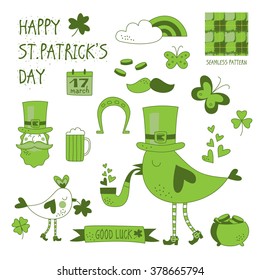St. Patrick's Day vector design elements set. Patricks day hand-drawn icons on white background. Inscription Happy St. Patrick's Day, Good Luck, Seamless pattern - celebrated on March 17