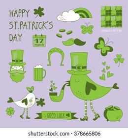 St. Patrick's Day vector design elements set. Patricks day hand-drawn icons on grey background. Inscription Happy St. Patrick's Day, Good Luck, Seamless pattern - celebrated on March 17