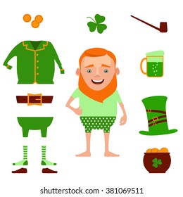 St. Patrick's Day vector design elements set. Vector illustration of funny cartoon leprechaun and design decoration items on Happy Saint Patrick's Day. Leprechaun suit