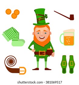 St. Patrick's Day vector design elements set. Vector illustration of funny cartoon leprechaun and design decoration items on Happy Saint Patrick's Day.