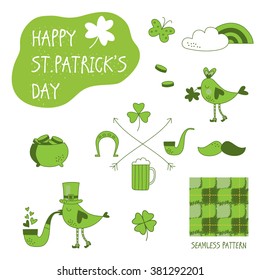 St. Patrick's Day vector design elements set. Patricks day hand-drawn icons on white background. Inscription Happy St. Patrick's Day - celebrated on March 17