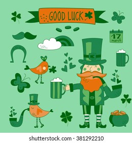 St. Patrick's Day vector design elements set. Patricks day hand-drawn icons on green background. Inscription  Good Luck - celebrated on March 17