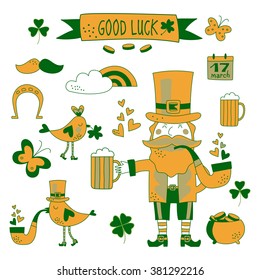 St. Patrick's Day vector design elements set. Patricks day hand-drawn icons on white background. Inscription  Good Luck - celebrated on March 17