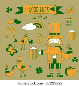 St. Patrick's Day vector design elements set. Patricks day hand-drawn icons on gray background. Inscription Good Luck - celebrated on March 17