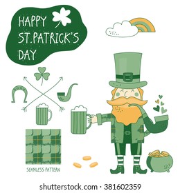 St. Patrick's Day vector design elements set. Patricks day hand-drawn icons on white background. Inscription Happy St. Patrick's Day - celebrated on March 17