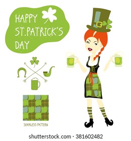 St. Patrick's Day vector design elements set - girl with red hair and seamless pattern. Patricks day hand-drawn icons on white background. Inscription Happy St. Patrick's Day - celebrated on March 17
