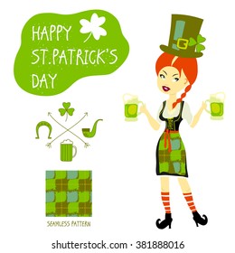 St. Patrick's Day vector design elements set - girl with red hair and seamless pattern. Patricks day hand-drawn icons on white background. Inscription Happy St. Patrick's Day - celebrated on March 17
