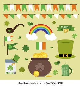 St. Patrick's Day vector design elements set. Festival treasure st patrick day icons shamrock lucky spring. Beer happy celebration decoration. Ireland holiday patrick day leprechaun symbols.