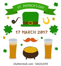 St. Patrick's Day vector design elements set. Festival treasure st patrick day icons shamrock lucky spring. Beer happy patrick celebration decoration. Ireland holiday patrick day leprechaun symbols.