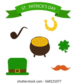 St. Patrick's Day vector design elements set. Festival treasure st patrick day icons shamrock lucky spring. Beer happy celebration decoration. Ireland holiday patrick day leprechaun symbols.