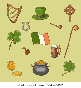 St. Patrick's Day vector design elements set: horseshoe, cross, harp, snorkel, stick, rod, hat, shamrock, beer, coins. Cartoon style.