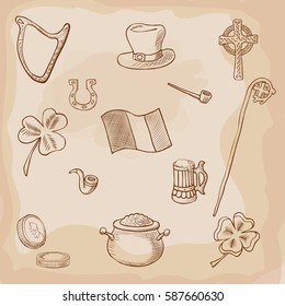 St. Patrick's Day vector design elements set: horseshoe, cross, harp, snorkel, stick, rod, hat, shamrock, beer, coins. Hands draw style.