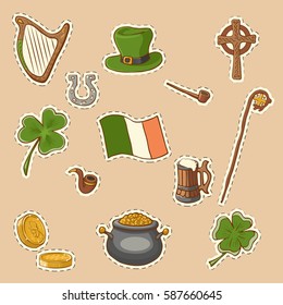 St. Patrick's Day vector design elements set: horseshoe, cross, harp, snorkel, stick, rod, hat, shamrock, beer, coins. Cartoon style.