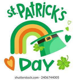 St. Patrick's Day vector design,rainbow and hat greetings card with lettering