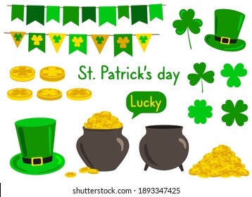 St. Patrick's Day vector elements set. Holiday illustrations pot of gold, green hat, garland of flags, coins, clover leaves, text. Objects Isolated on a white background. Cartoon icons in Irish colors