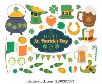 St. Patrick's Day vector elements set. Patrick's Day luck symbols in green palette. Leprechaun hats, coins, four-leaf clovers, glasses of beer, pots with gold, flag, horseshoes. Flat illustration.