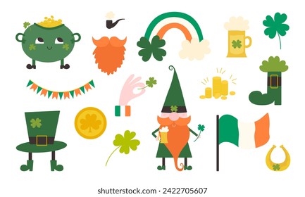 St. Patrick's Day vector flat elements set. Green shamrock, hat, leprechaun, beer. Symbols of Ireland