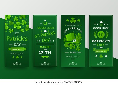 St. Patrick's day vector flyer template design. Greeting letter or postcard element. Leaf Clovers decorated, Green Social Media banners set for Happy St. Patrick's Day celebration.vector illustration.