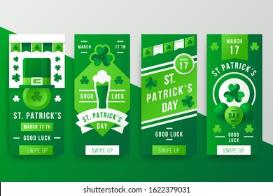 St. Patrick's day vector flyer template design. Greeting letter or postcard element. Leaf Clovers decorated, Green Social Media banners set for Happy St. Patrick's Day celebration.vector illustration.