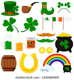 St. Patrick's day vector graphic design icons set isolated on white background. Flat cartoon style irish celtic elements for party, sales: pot, coins, rainbow, horseshoe, clover, leprechaun pipe, hat.