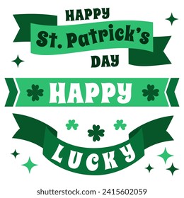 St Patricks Day vector green ribbons curl banner with lettering set 