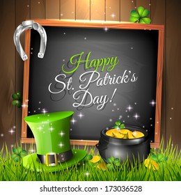 St. Patrick's Day - vector greeting card with green, hat, pot and chalkboard in grass 