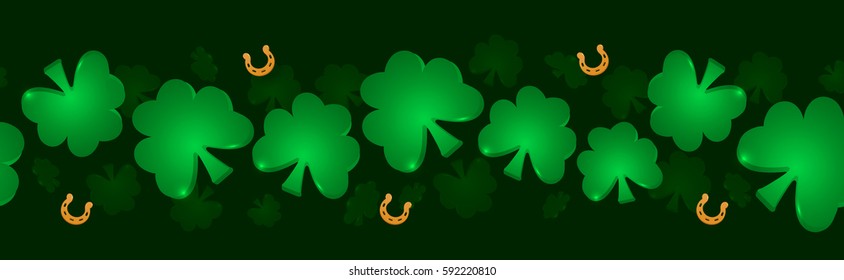 St. Patrick's day vector horizontal seamless background with shamrock and golden horseshoe on a dark green background. Vector Illustration of a St. Patrick's Day Background.